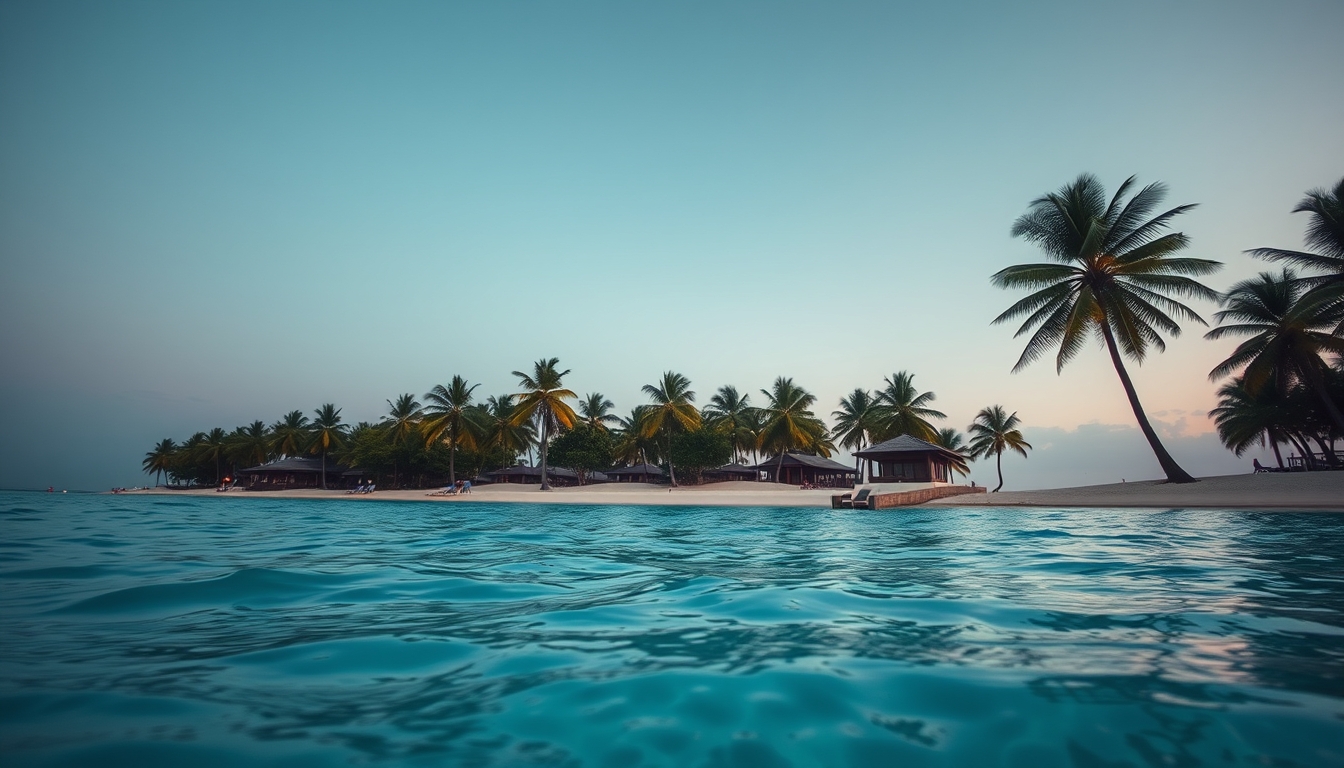 Praia tropical paradisíaca água cristalina e palmeiras em estilo editorial