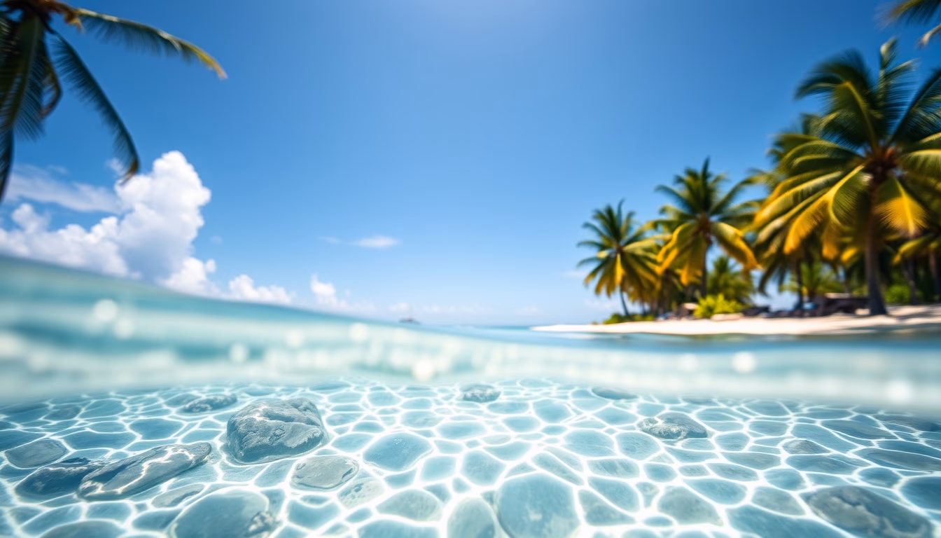tropical beach paradise crystal clear water and palm trees in editorial style
