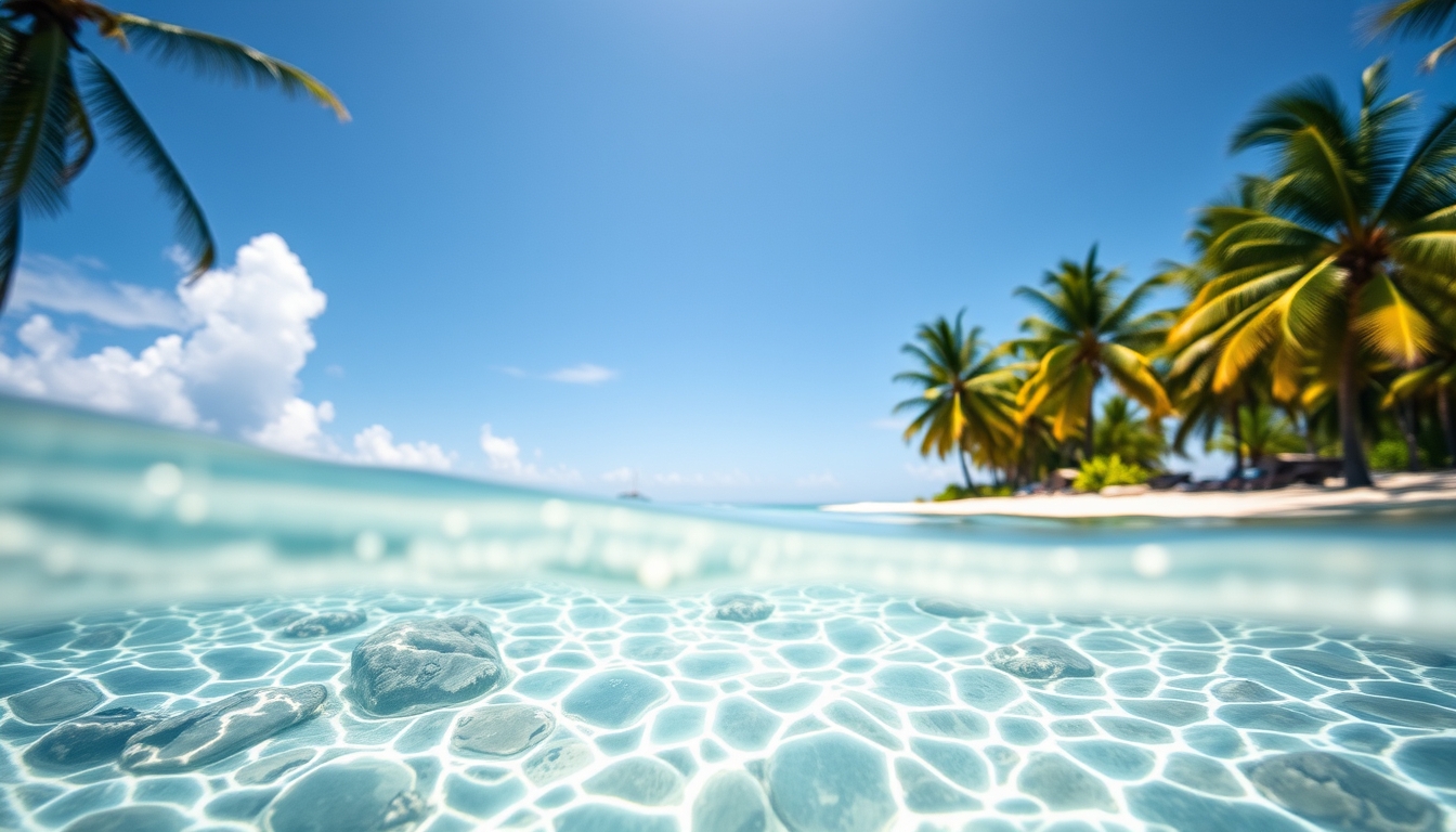 Praia tropical paradisíaca água cristalina e palmeiras em estilo editorial