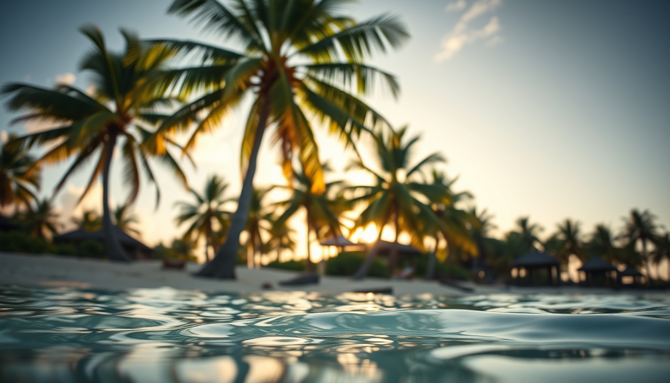 Praia tropical paradisíaca água cristalina e palmeiras em estilo editorial