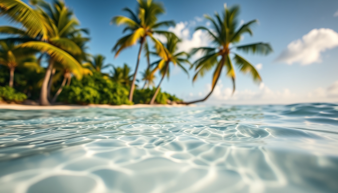 Praia tropical paradisíaca água cristalina e palmeiras em estilo editorial