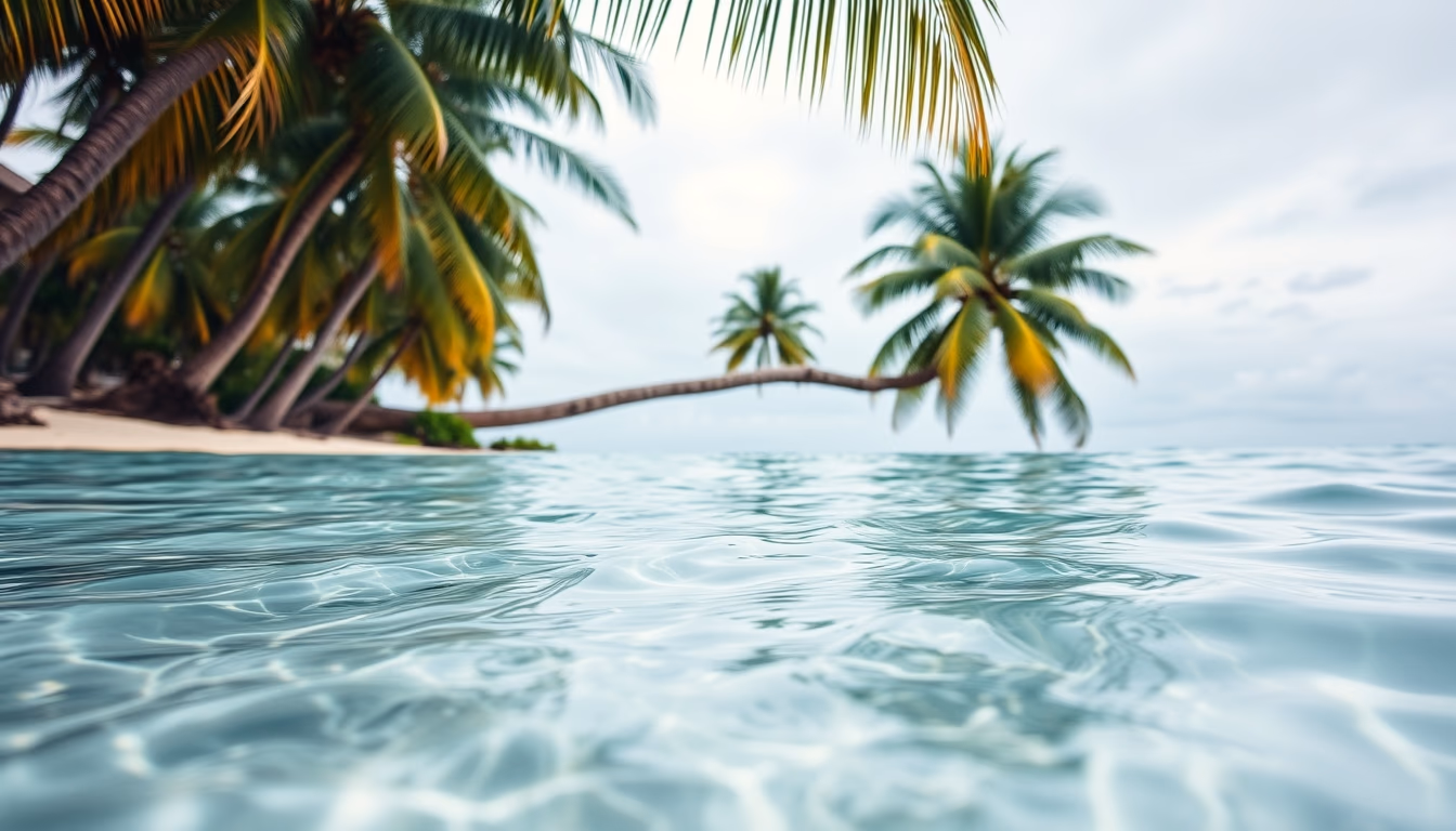 tropical beach paradise crystal clear water and palm trees in editorial style