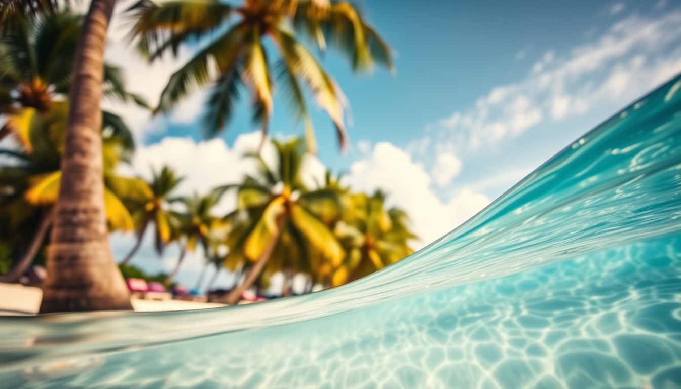 Praia tropical paradisíaca água cristalina e palmeiras em estilo editorial