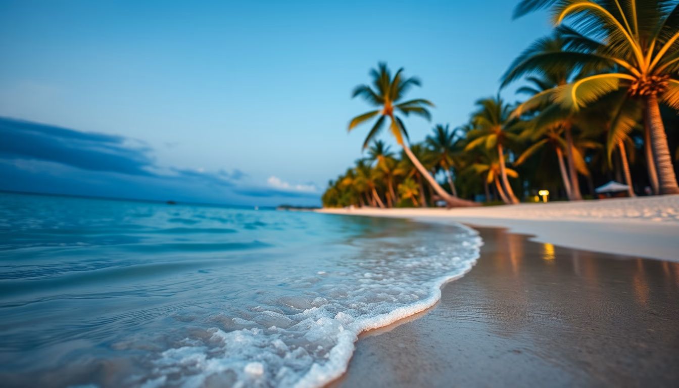 tropical beach paradise crystal clear water and palm trees in editorial style