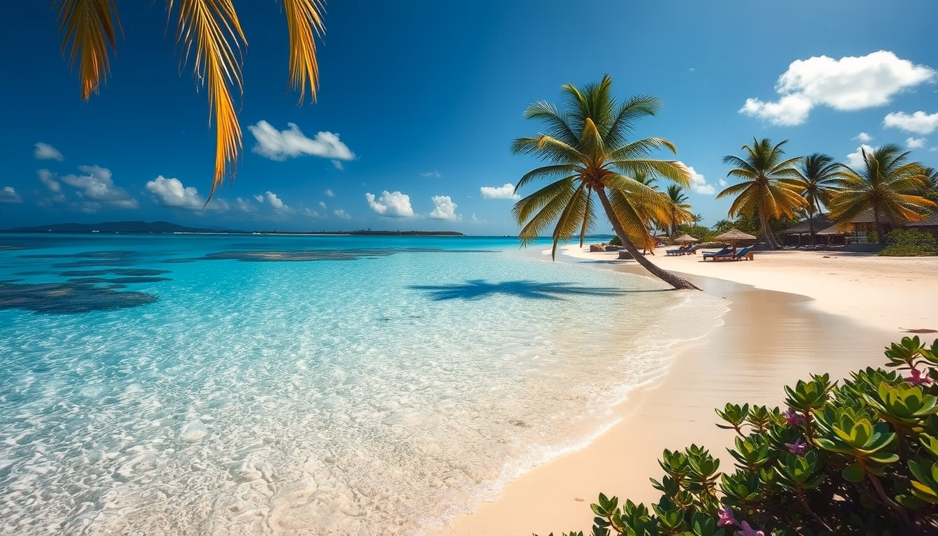 tropical beach paradise crystal clear water and palm trees in editorial style