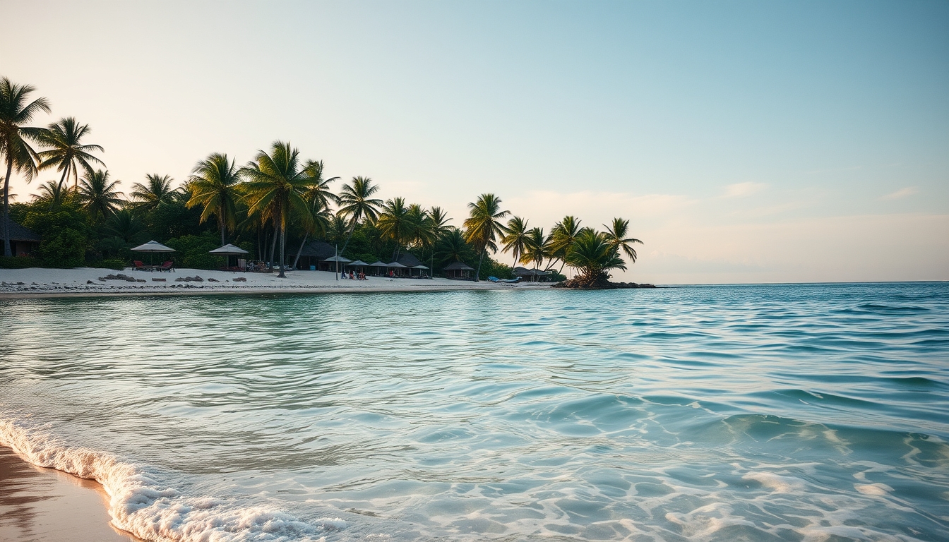 Praia tropical paradisíaca água cristalina e palmeiras em estilo editorial