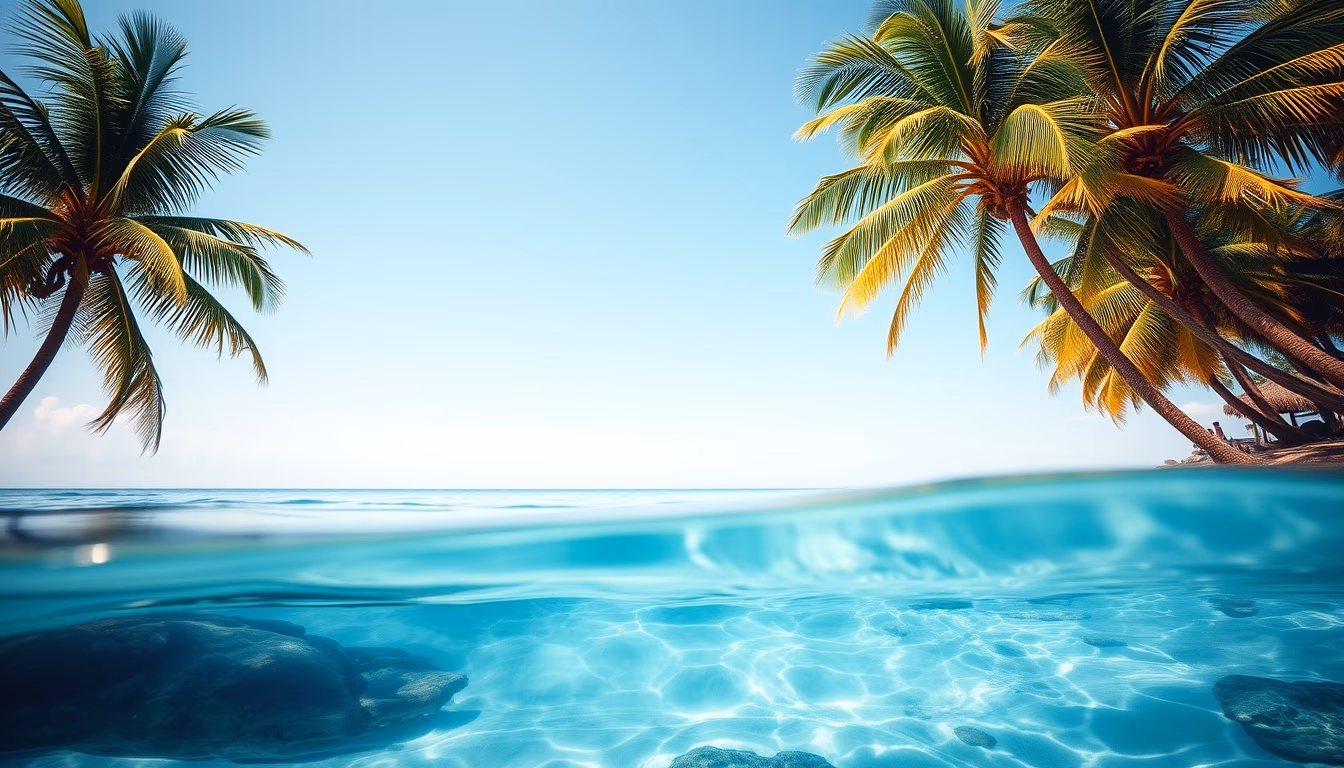 tropical beach paradise crystal clear water and palm trees in editorial style