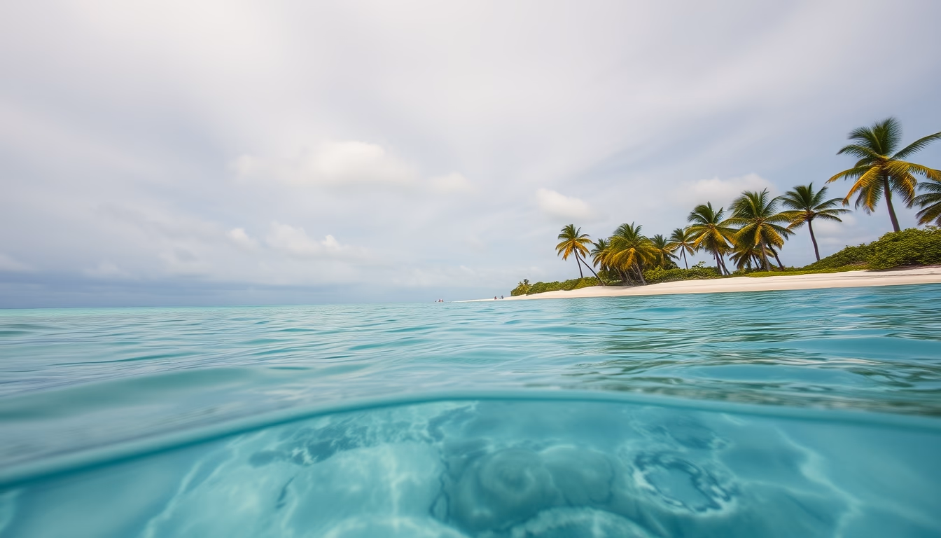 tropical beach paradise crystal clear water and palm trees in editorial style