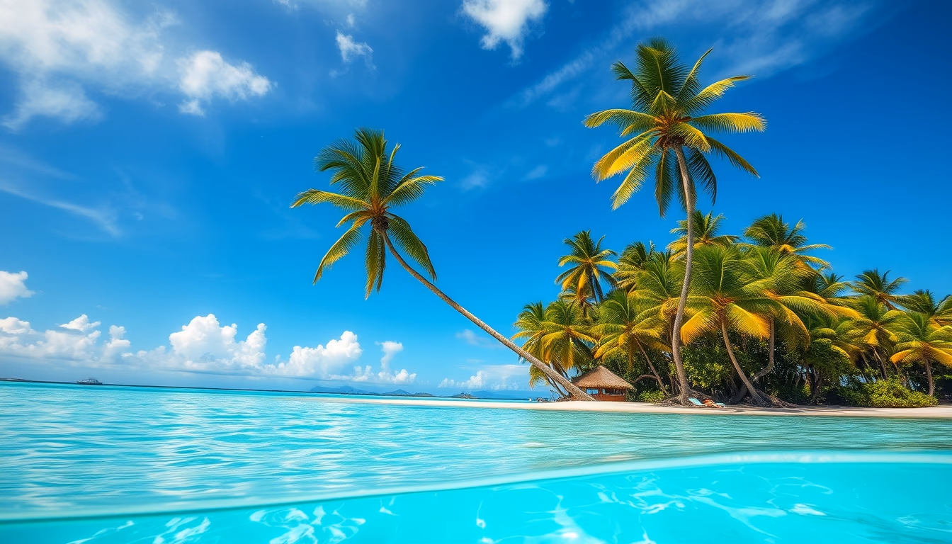 tropical beach paradise crystal clear water and palm trees in editorial style