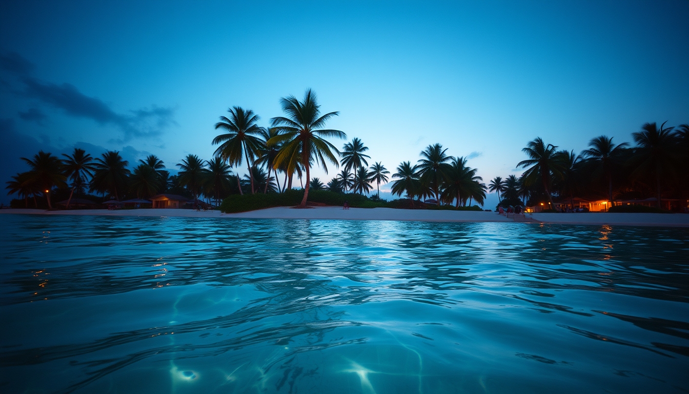 Praia tropical paradisíaca água cristalina e palmeiras em estilo editorial