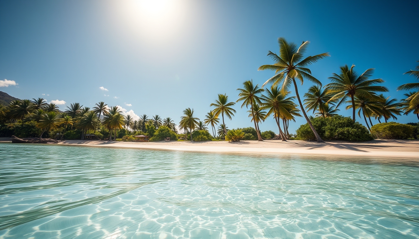 Praia tropical paradisíaca água cristalina e palmeiras em estilo editorial