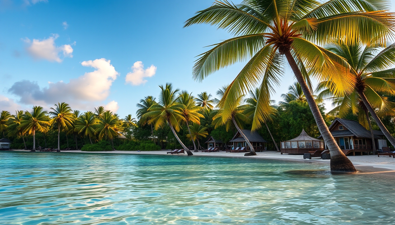 Praia tropical paradisíaca água cristalina e palmeiras em estilo editorial