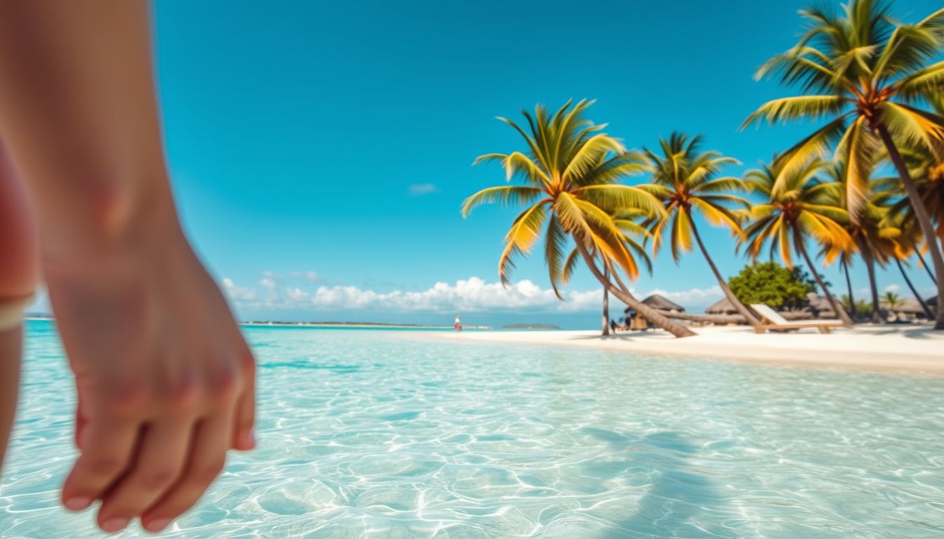 Praia tropical paradisíaca água cristalina e palmeiras em estilo editorial