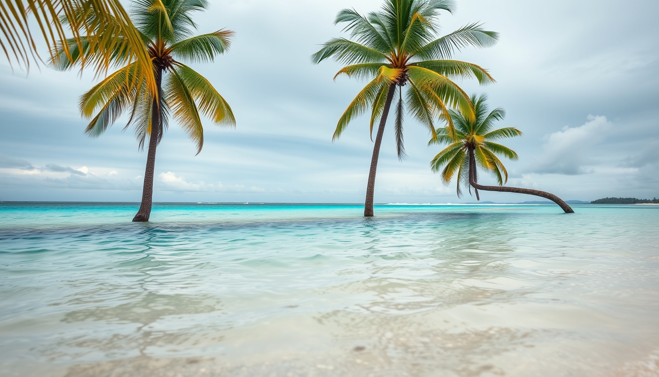 Praia tropical paradisíaca água cristalina e palmeiras em estilo editorial