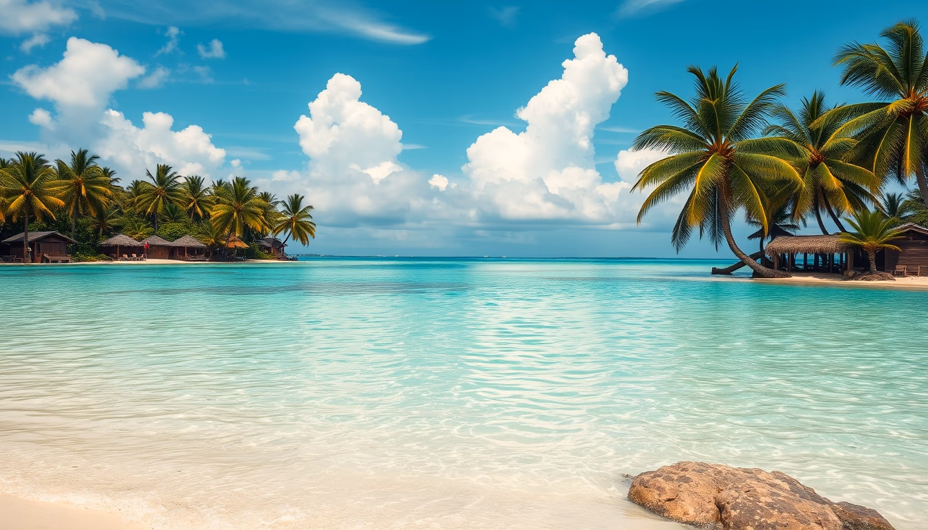 tropical beach paradise crystal clear water and palm trees in editorial style