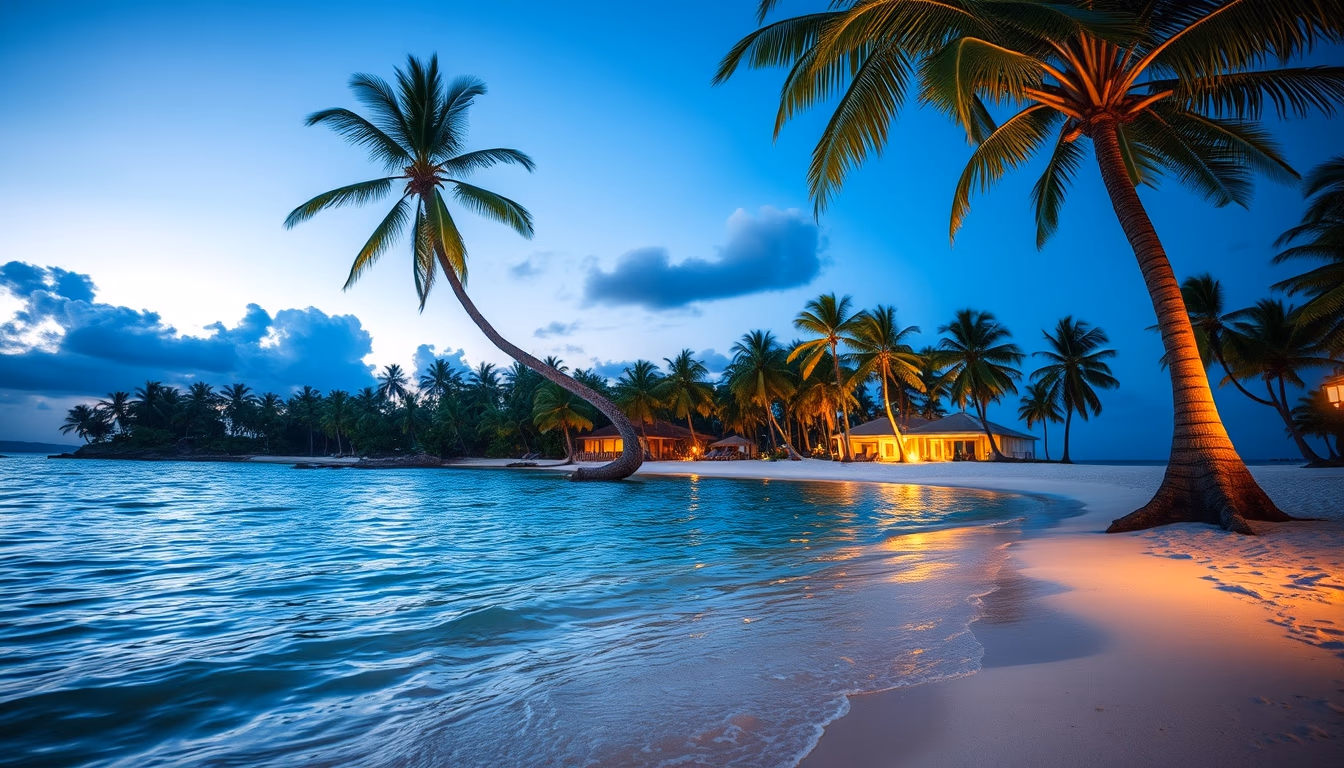 tropical beach paradise crystal clear water and palm trees in editorial style
