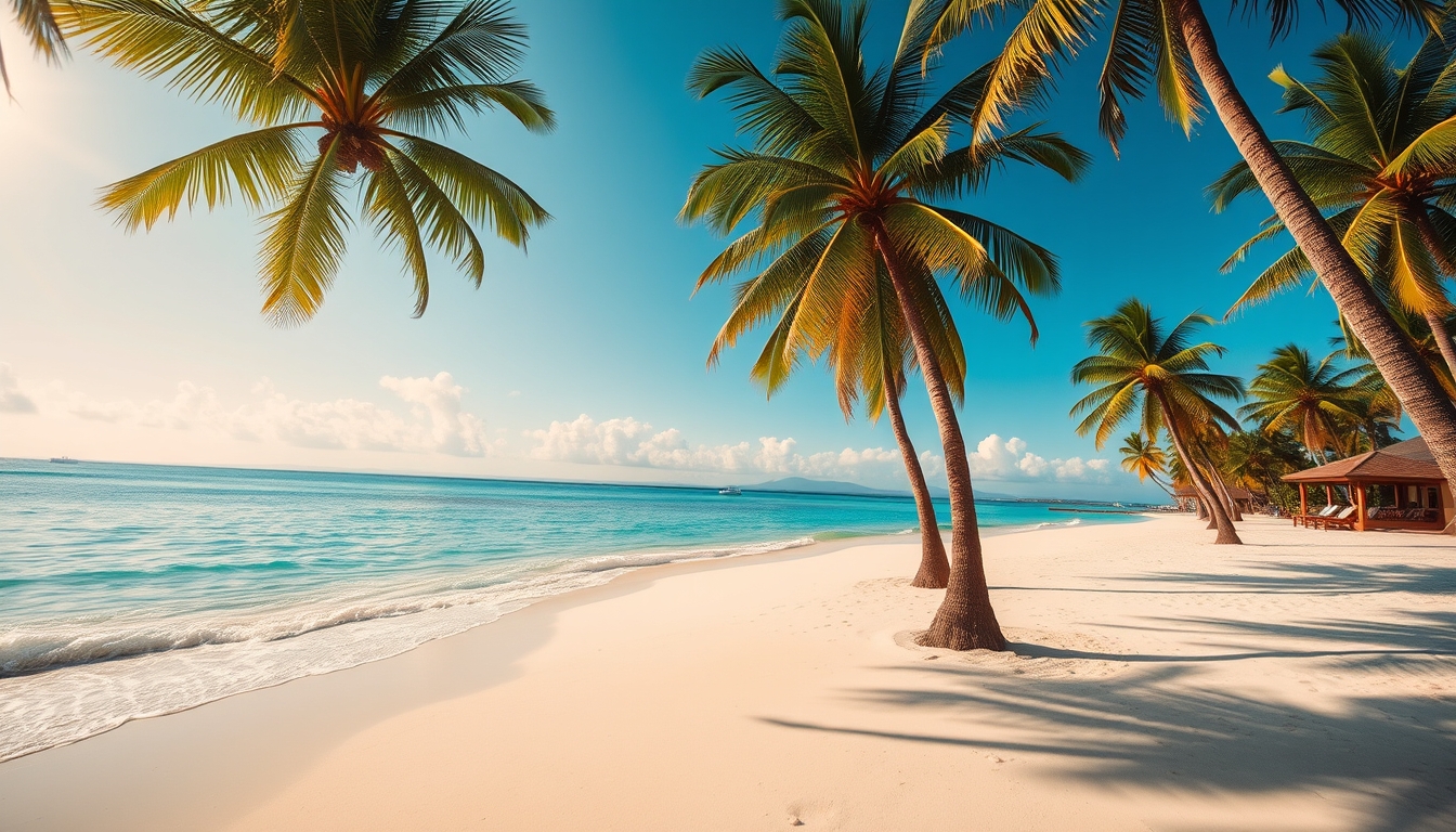 Praia tropical paradisíaca água cristalina e palmeiras em estilo editorial