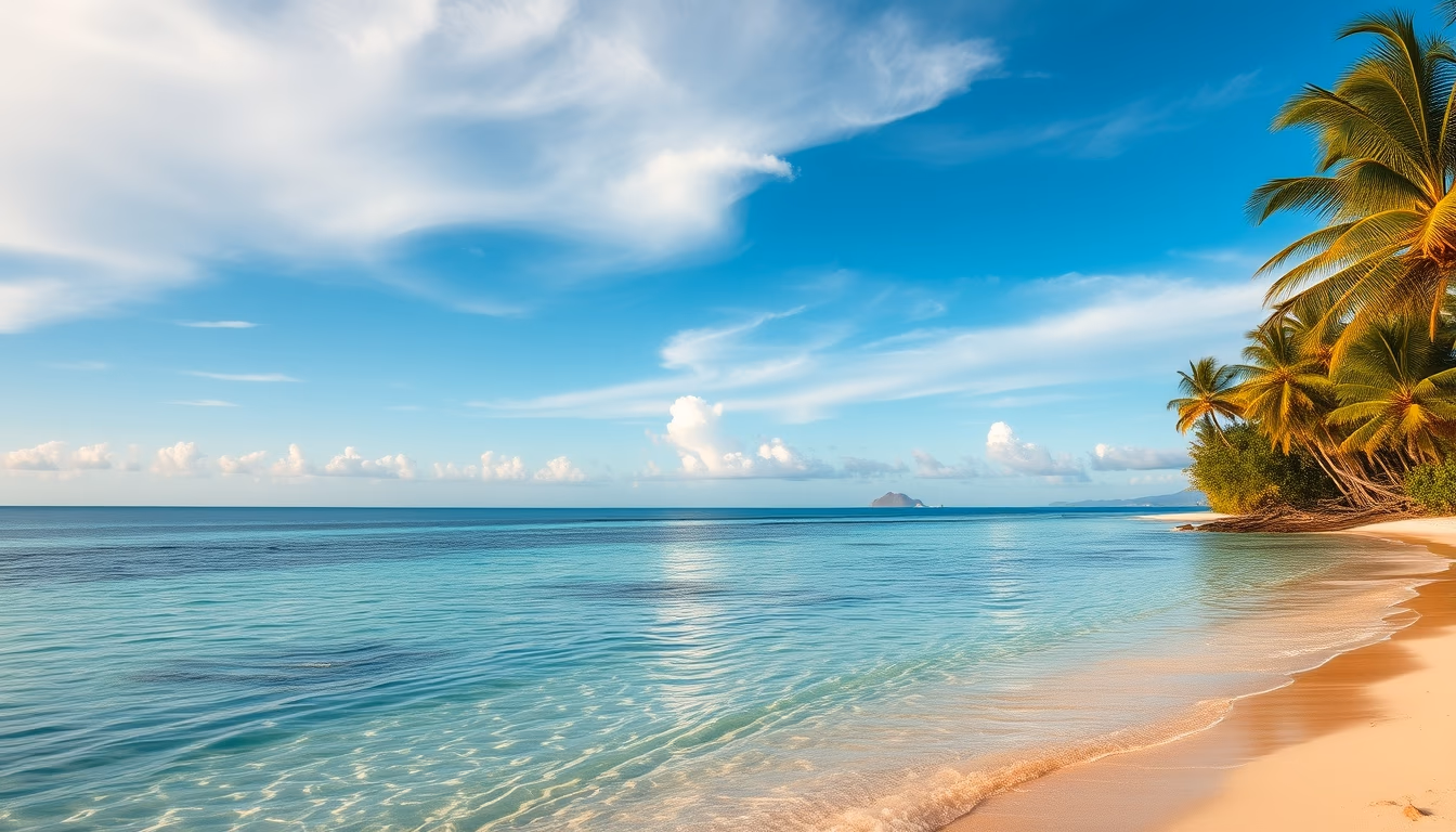 tropical beach paradise crystal clear water and palm trees in editorial style
