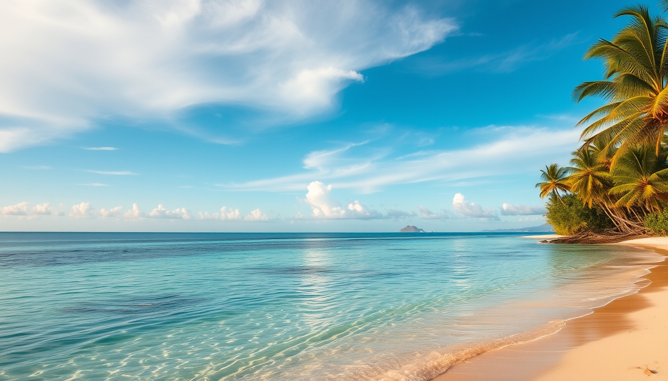 Praia tropical paradisíaca água cristalina e palmeiras em estilo editorial