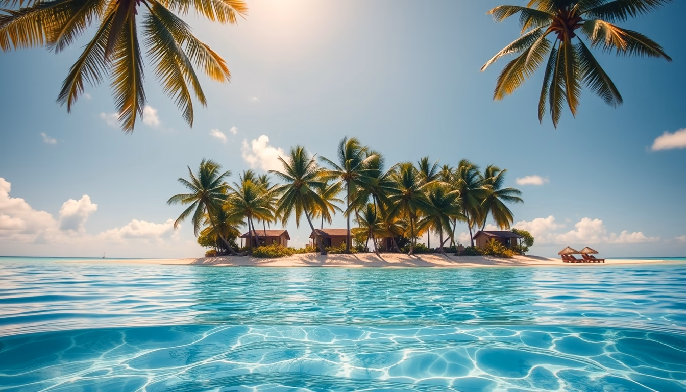 tropical beach paradise crystal clear water and palm trees in editorial style
