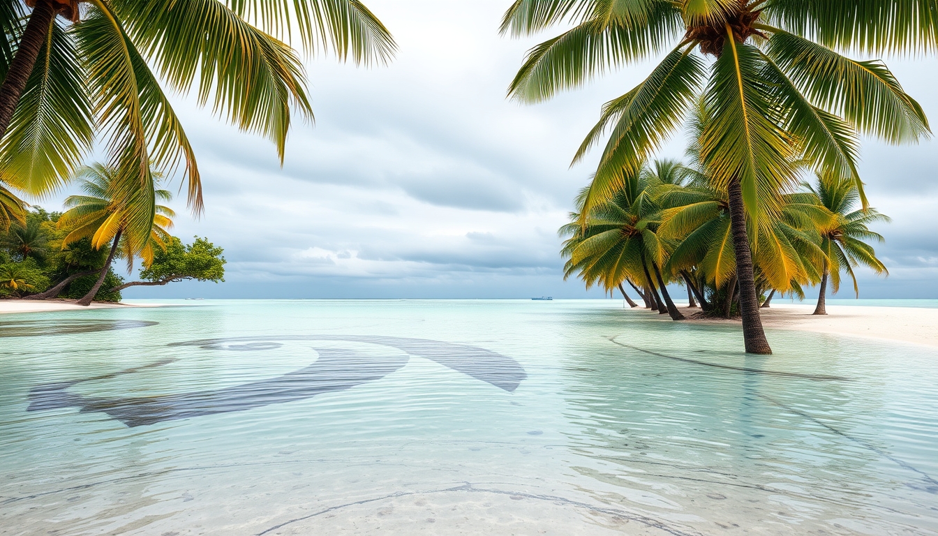 Praia tropical paradisíaca água cristalina e palmeiras em estilo editorial