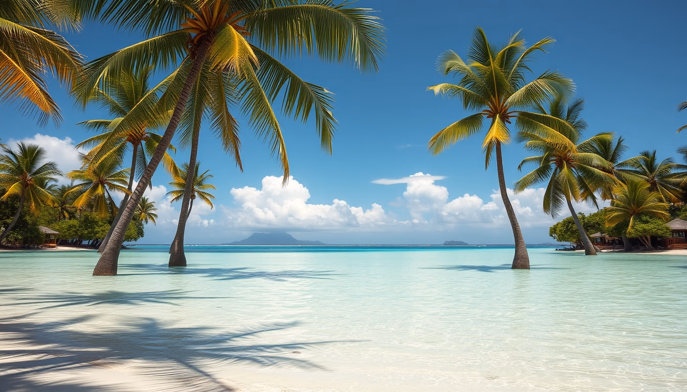 tropical beach paradise crystal clear water and palm trees in editorial style