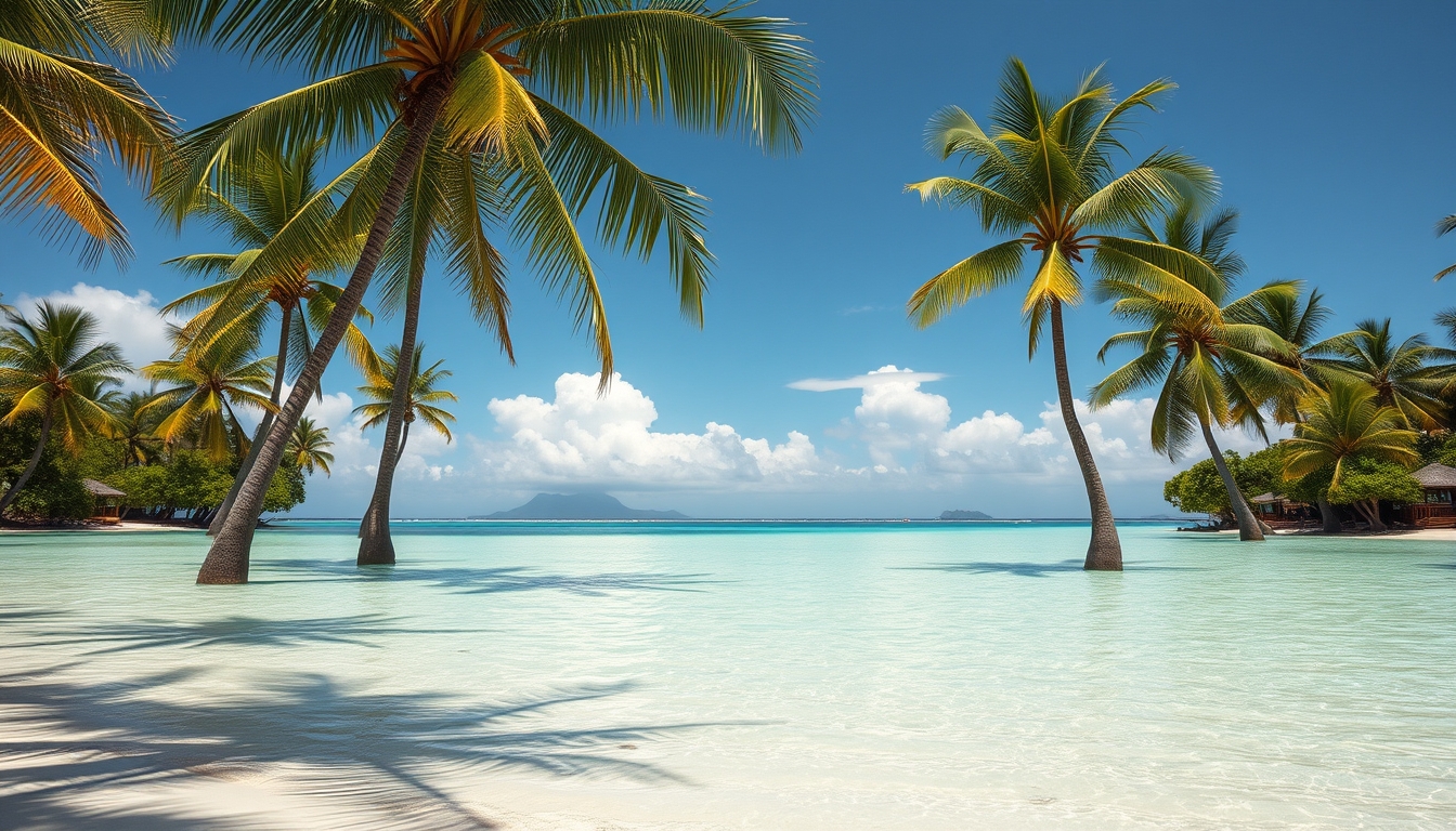 Praia tropical paradisíaca água cristalina e palmeiras em estilo editorial