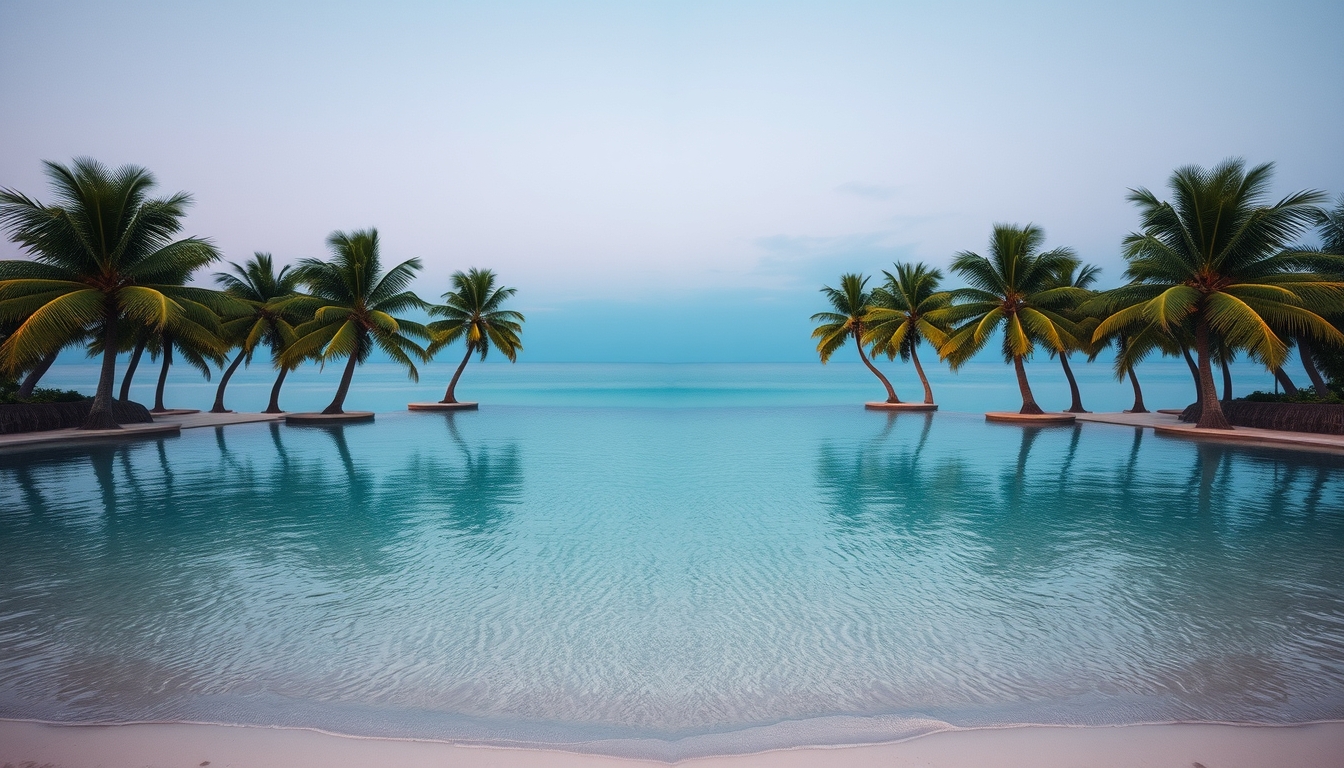 Praia tropical paradisíaca água cristalina e palmeiras em estilo editorial