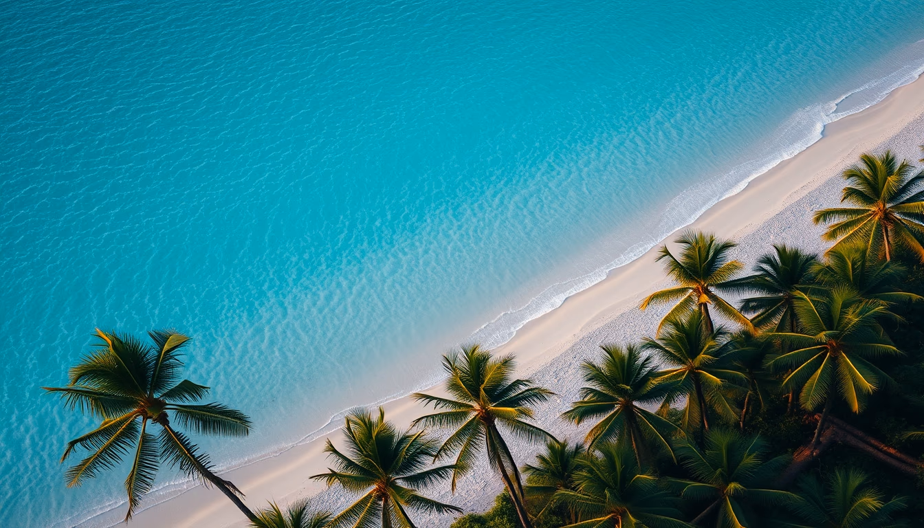 tropical beach with palm trees aerial in editorial style
