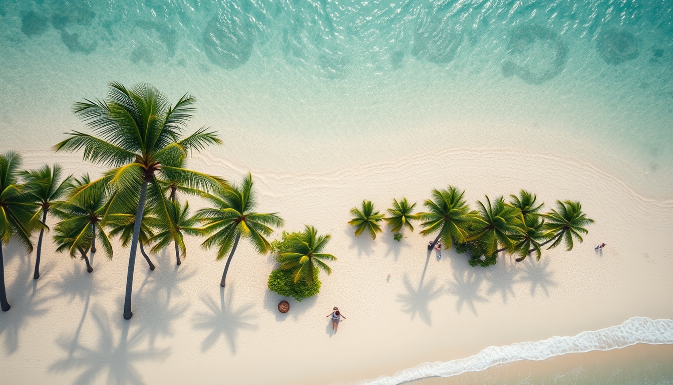 tropical beach with palm trees aerial in editorial style