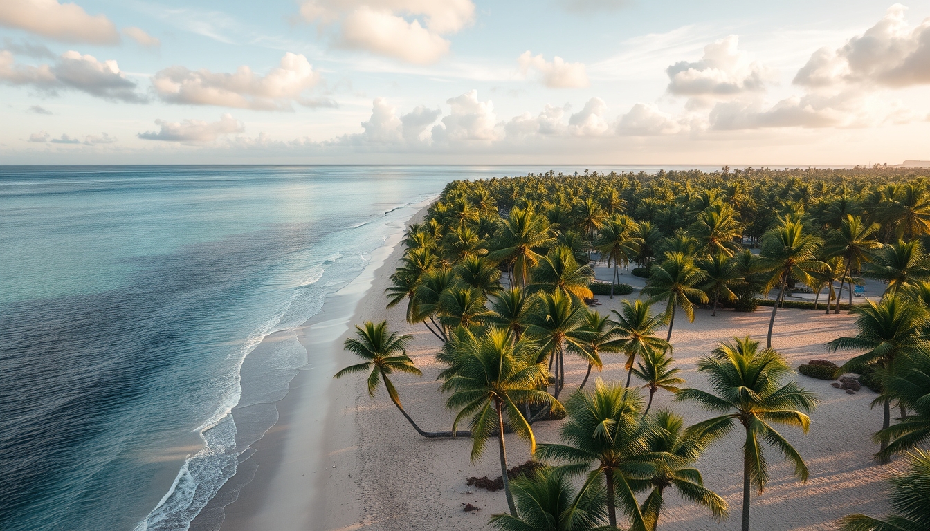 tropical beach with palm trees aerial in editorial style