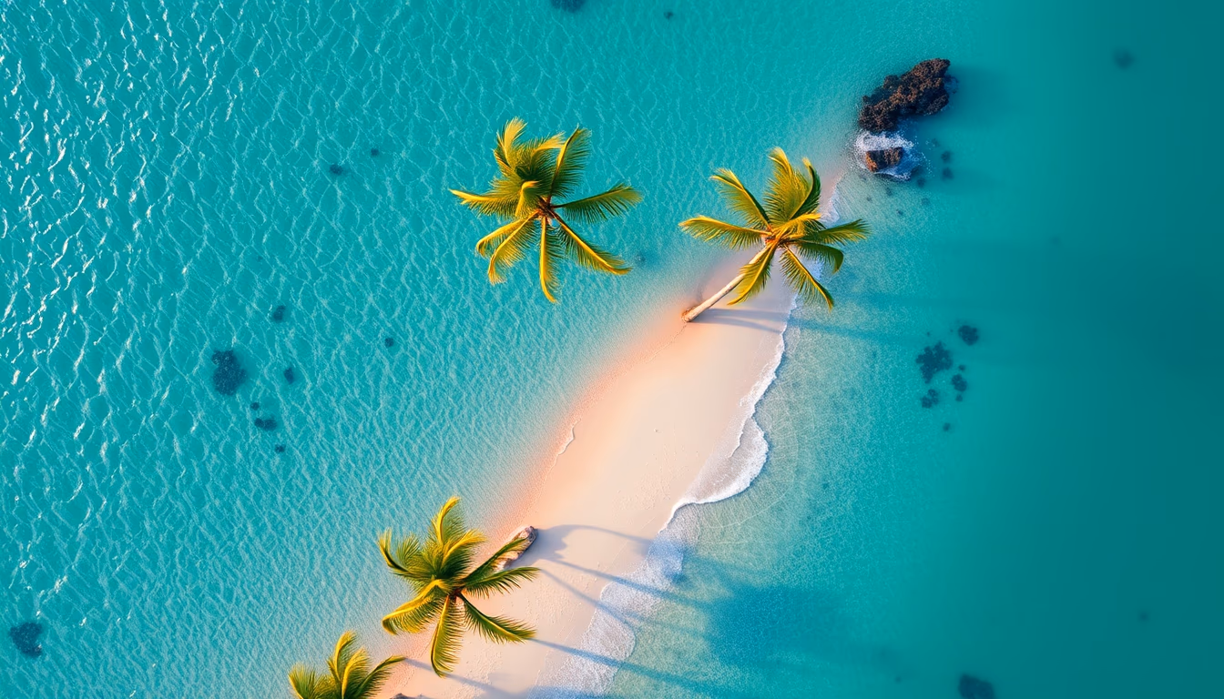 tropical beach with palm trees aerial in editorial style