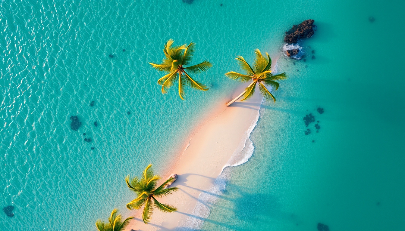 tropical beach with palm trees aerial in editorial style