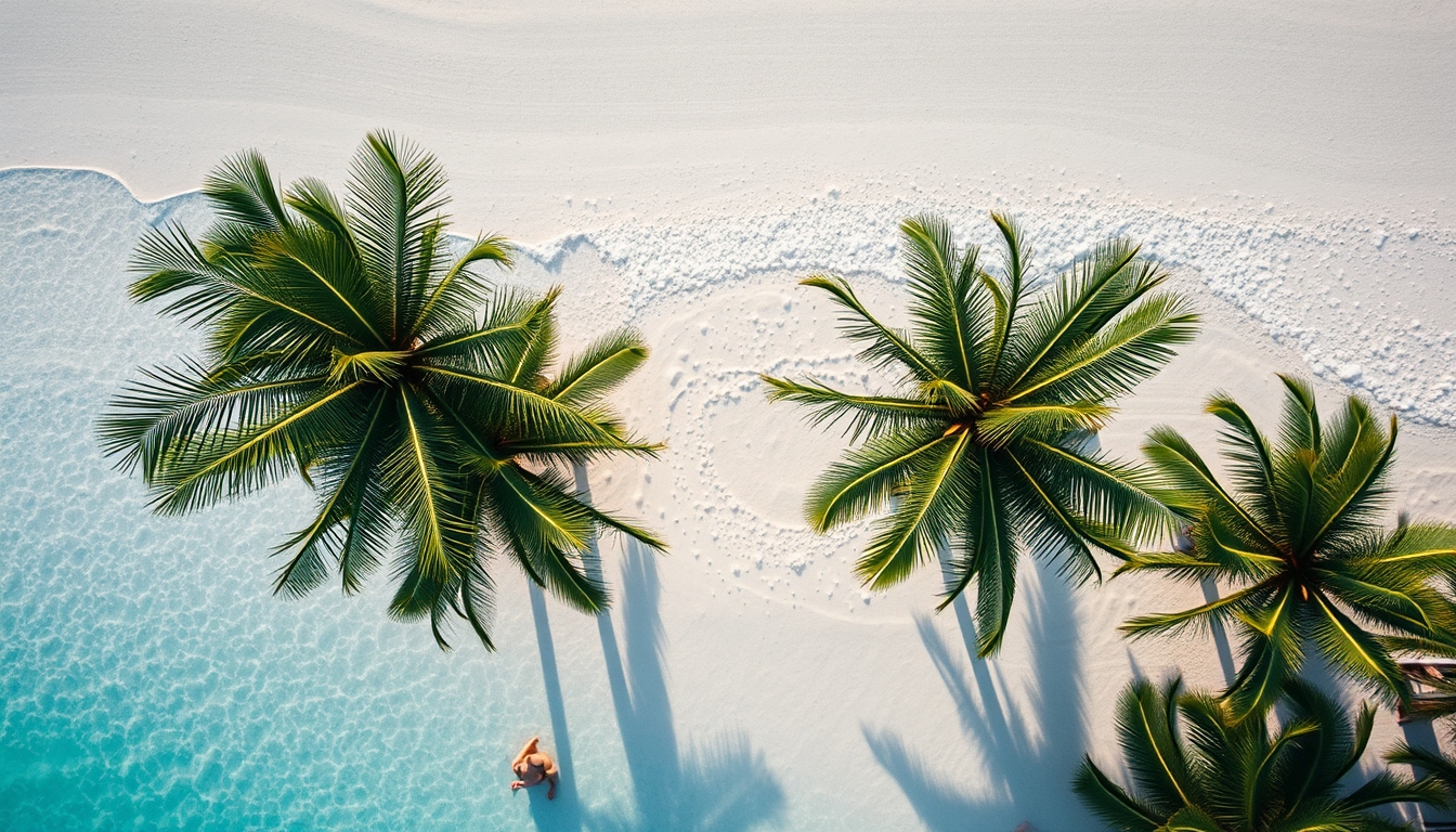 tropical beach with palm trees aerial in editorial style