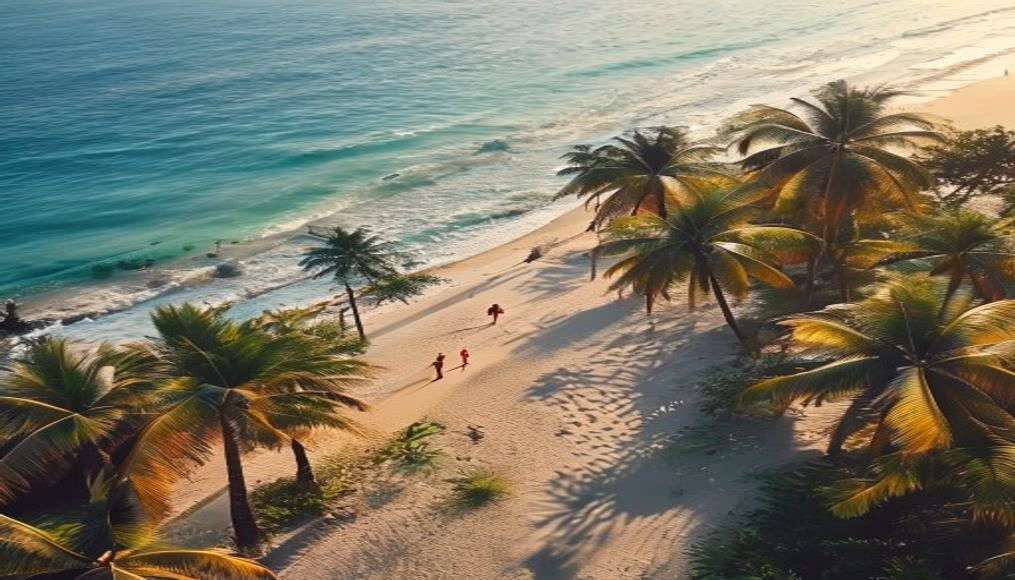 tropical beach with palm trees aerial in editorial style