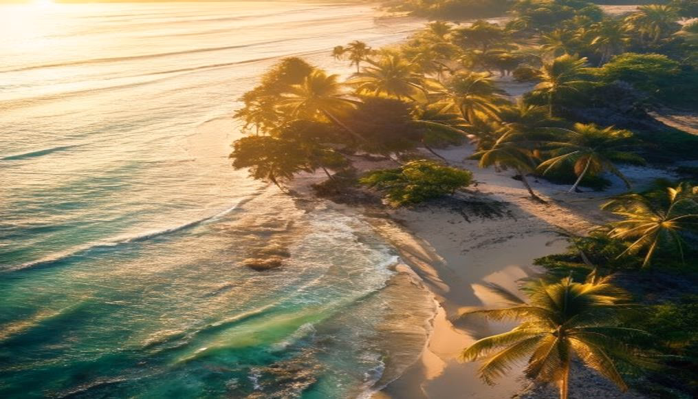 tropical beach with palm trees aerial in editorial style