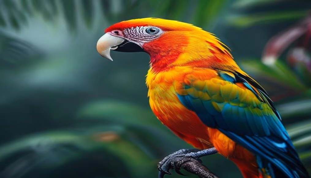 tropical bird vivid colors in editorial style