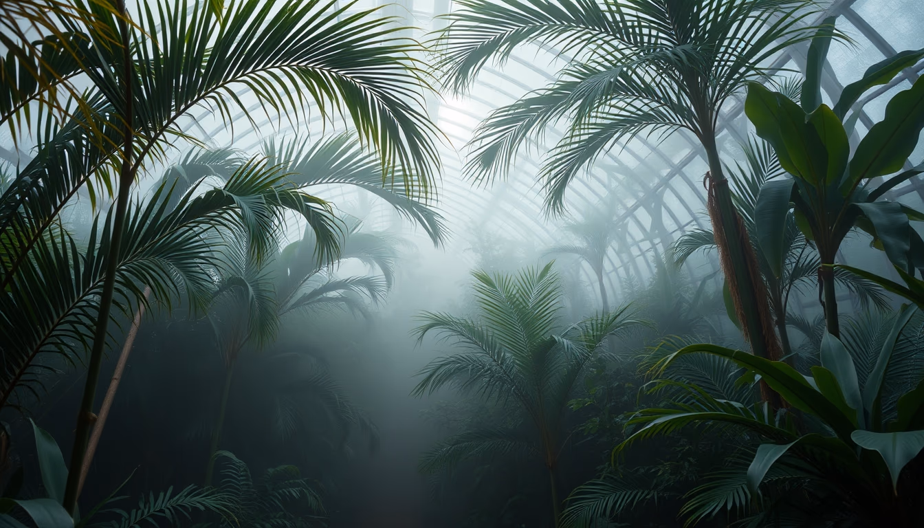 tropical greenhouse misty in editorial style