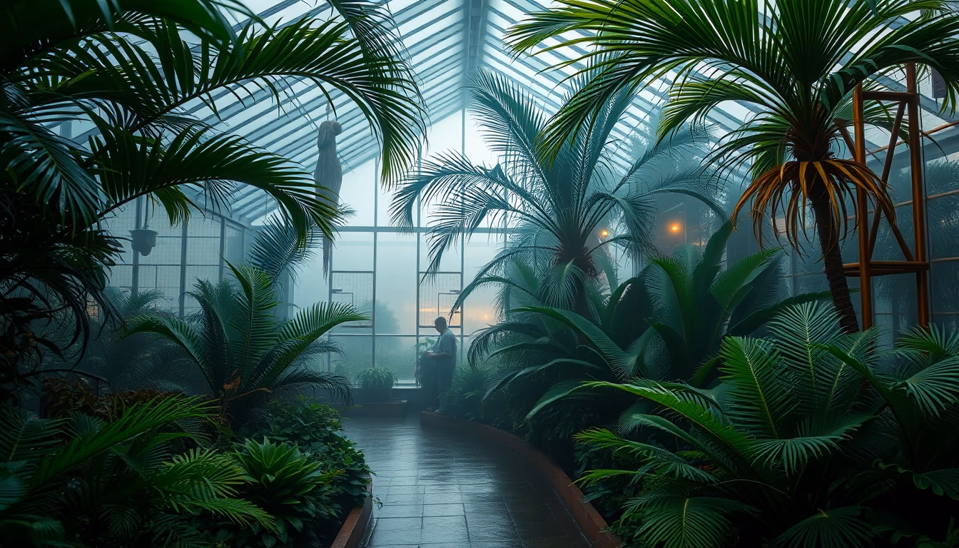 tropical greenhouse misty in editorial style