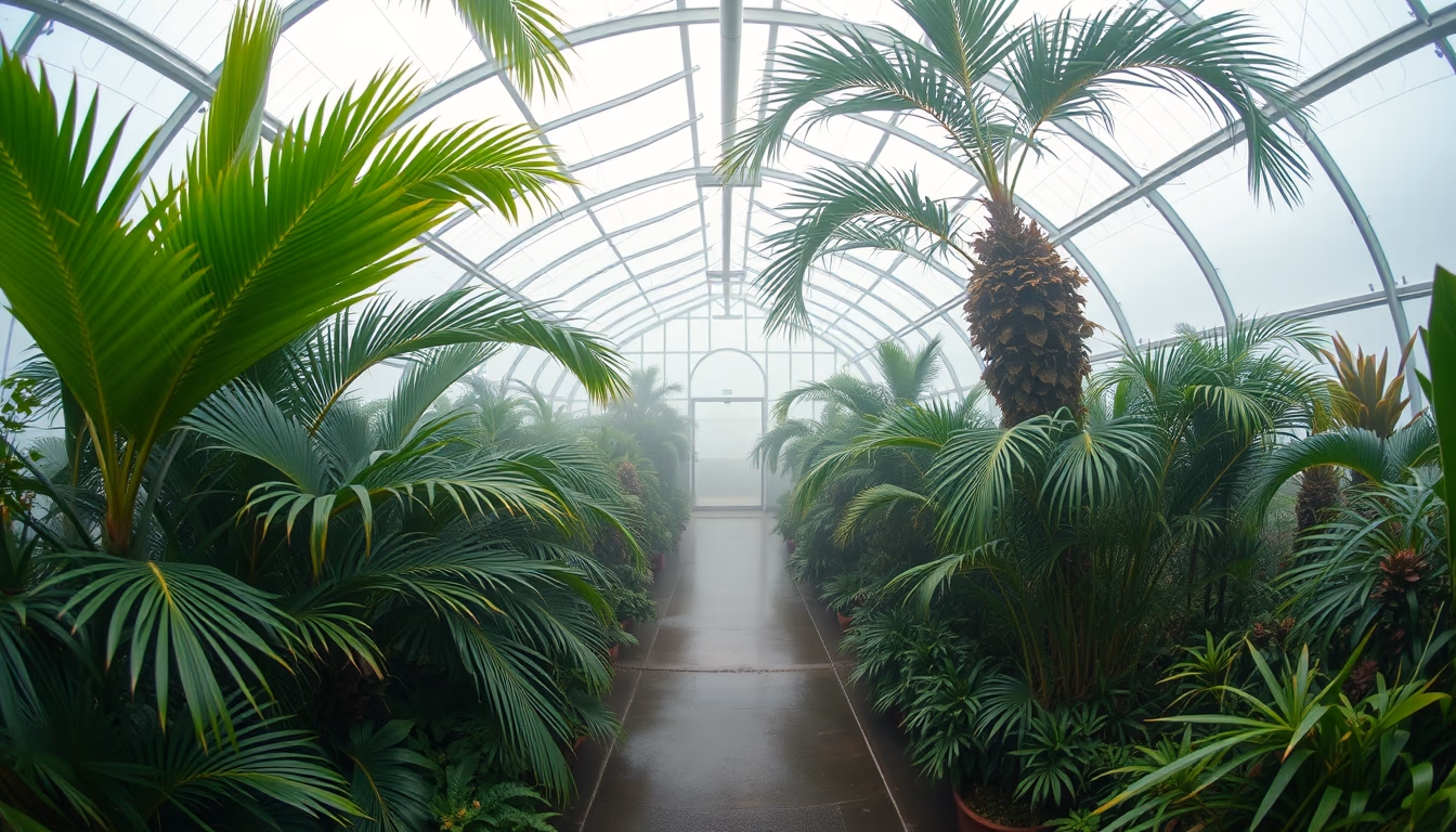 tropical greenhouse misty in editorial style