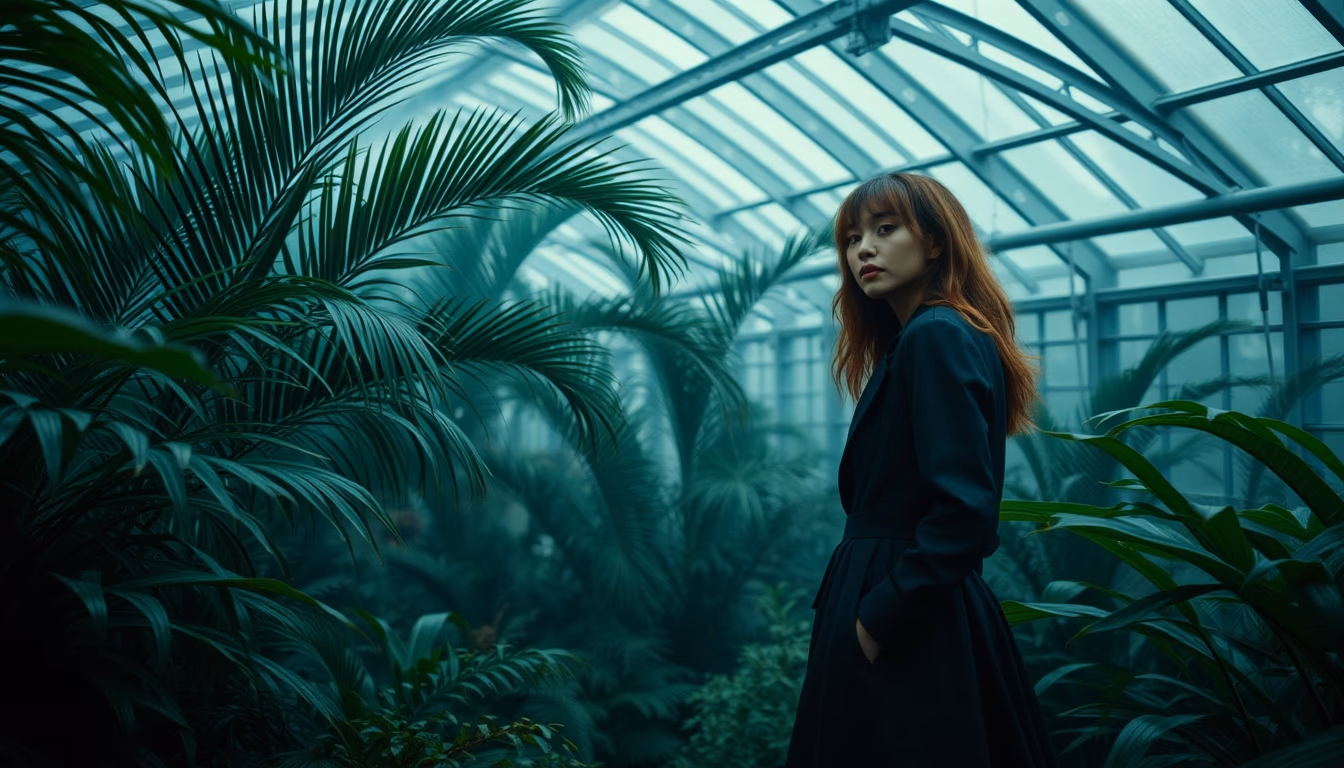 tropical greenhouse misty in editorial style