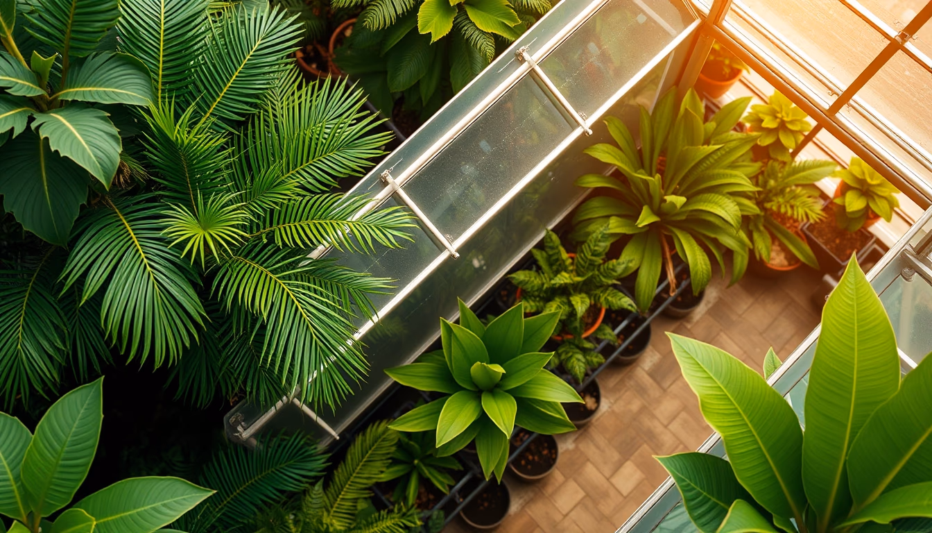 tropical greenhouse misty in editorial style