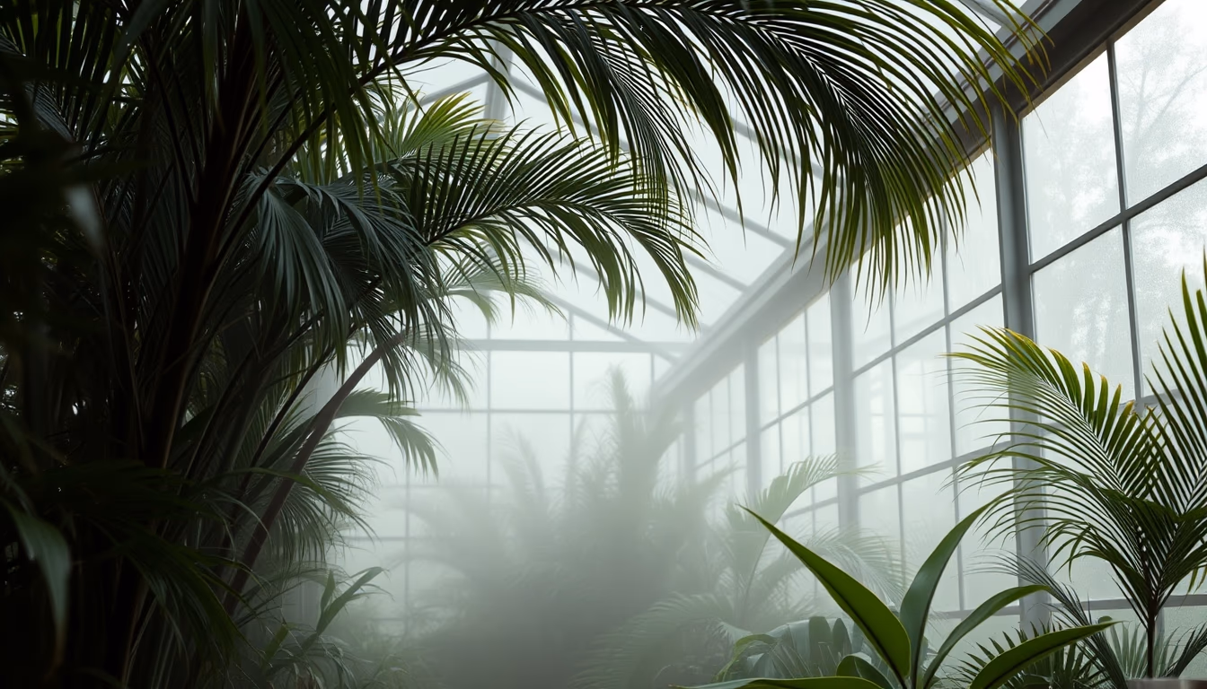 tropical greenhouse misty in editorial style