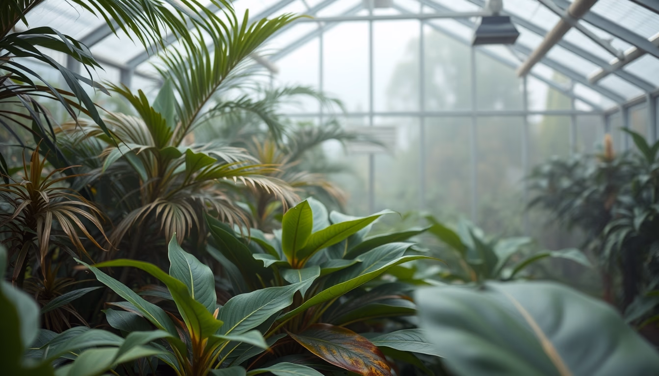 tropical greenhouse misty in editorial style