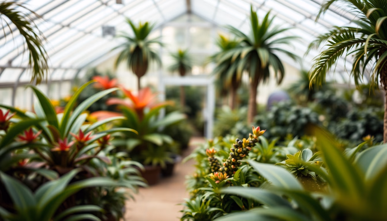 tropical greenhouse misty in editorial style