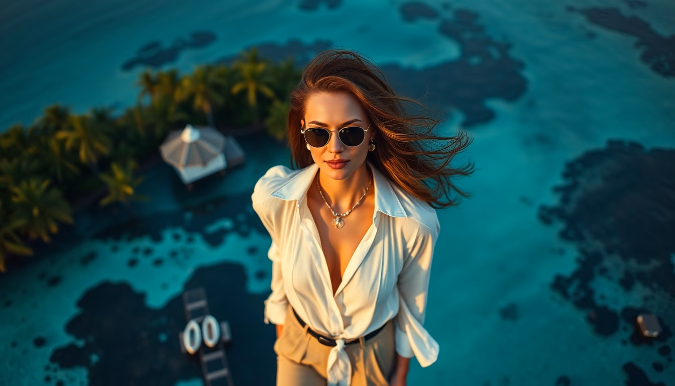 tropical island aerial drone in editorial style