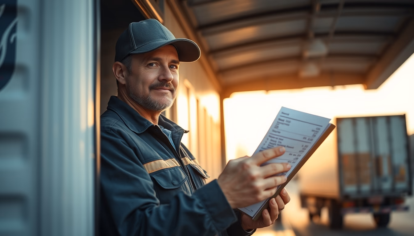 truck driver with shipping invoices on a clipboard near a cargo truck in editorial style