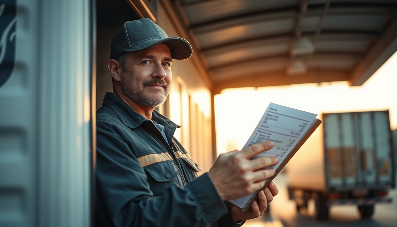 Caminhoneiro com notas de frete ao lado do caminhão em estilo editorial