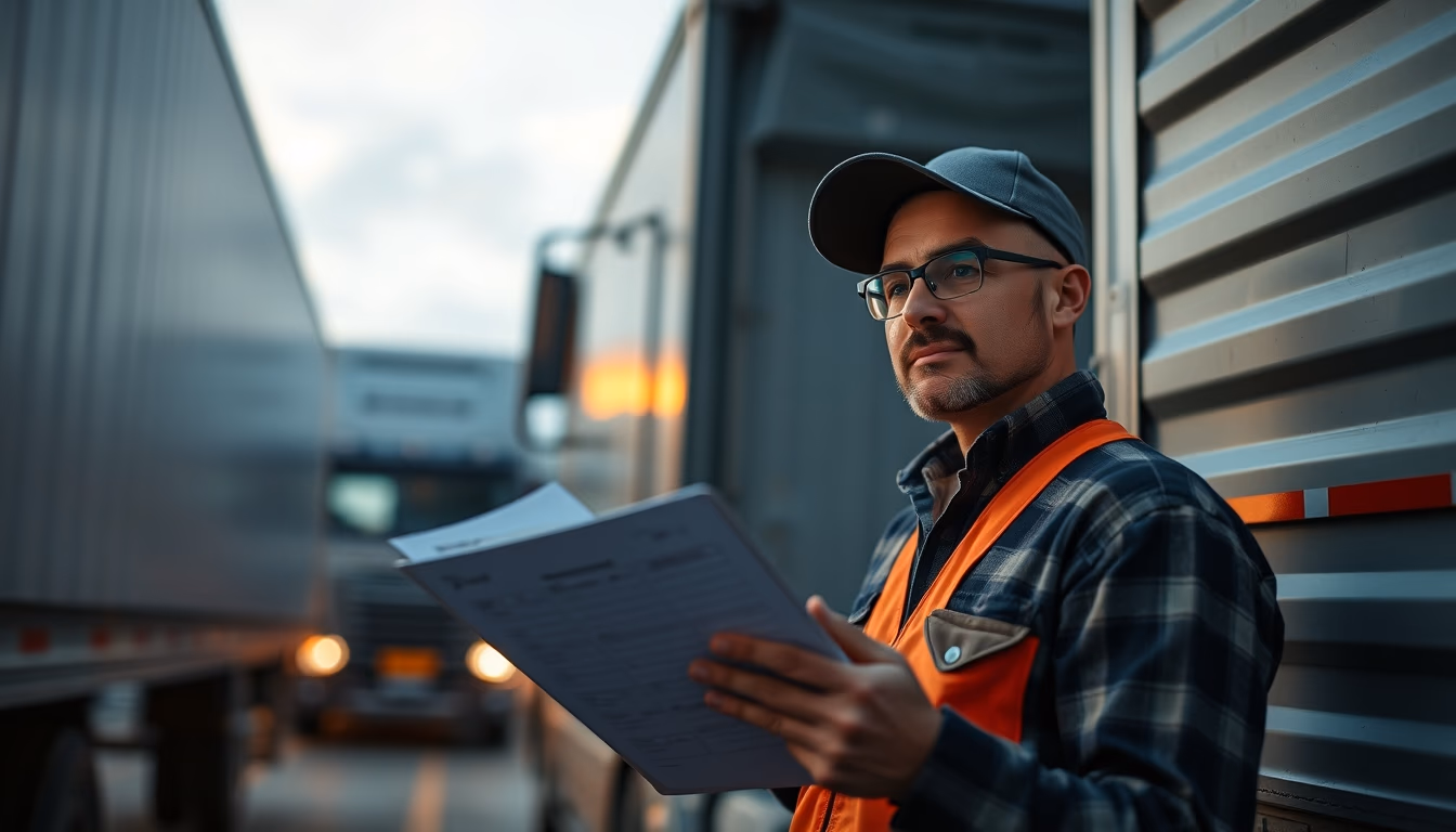 truck driver with shipping invoices on a clipboard near a cargo truck in editorial style