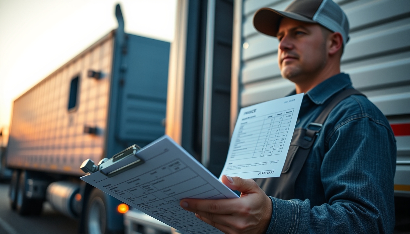 Caminhoneiro com notas de frete ao lado do caminhão em estilo editorial